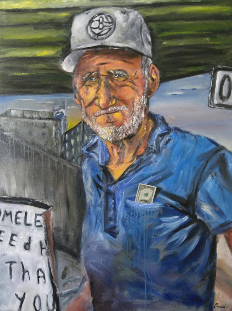 Painting by Omari Booker. Portrait of an older, tired man with a dollar in his pocket.