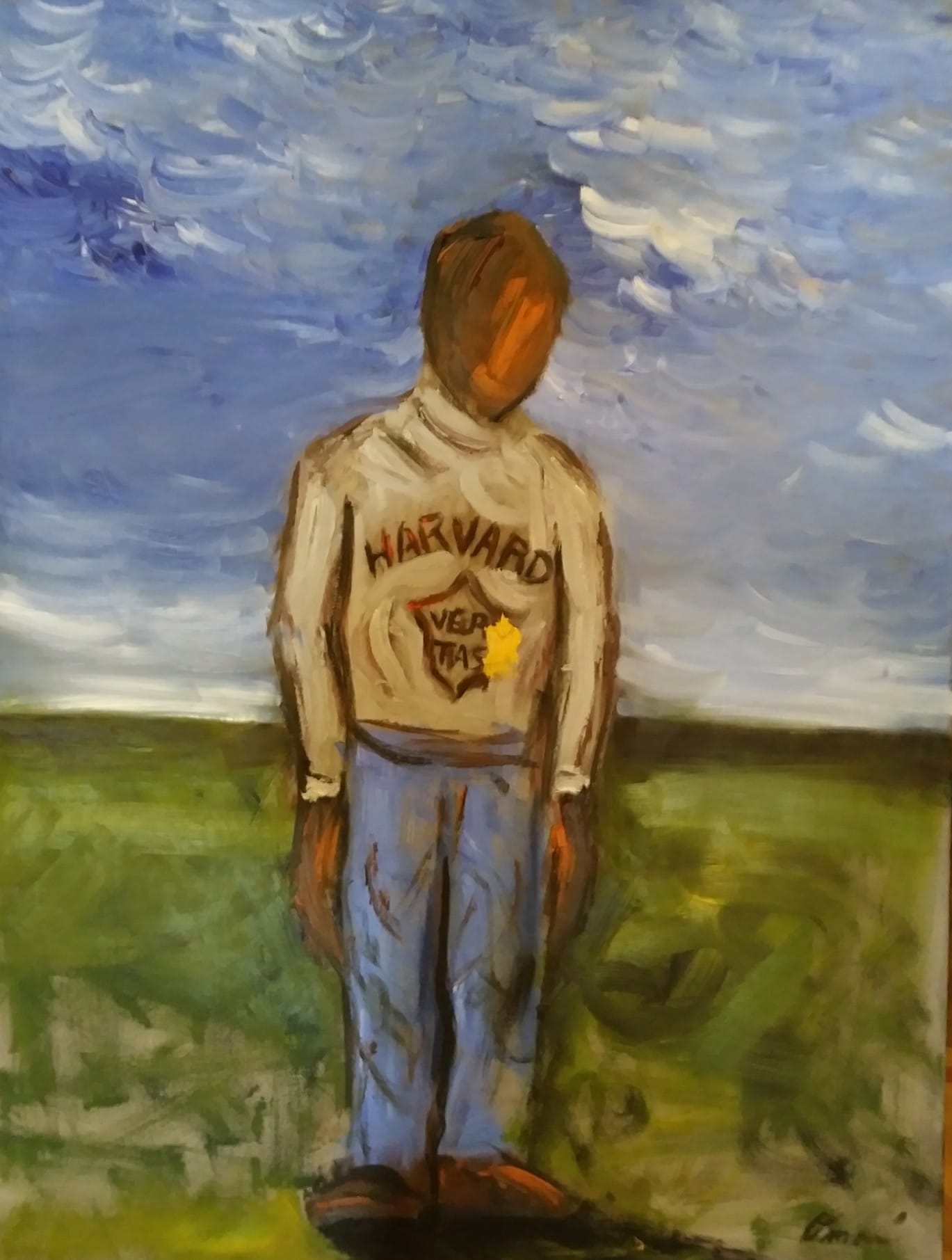 Painting by Omari Booker of himself as a child wearing a Harvard sweatshirt which belonged to his father, after a schoolmate spat on the sweater.