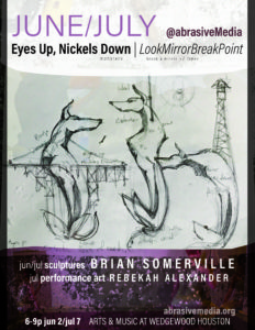 Poster for June & July Art Crawl at abrasiveMedia, featuring "Eyes Up, Nickels Down" (sculptures by Brian Somerville) and Look Mirror No See, perfornance art by Rebekah Alexander