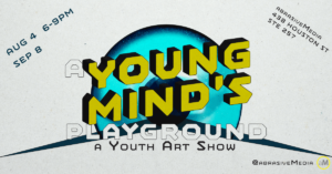 Logo for A Young Mind's Playground -- yellow block text in front of a blue iris.