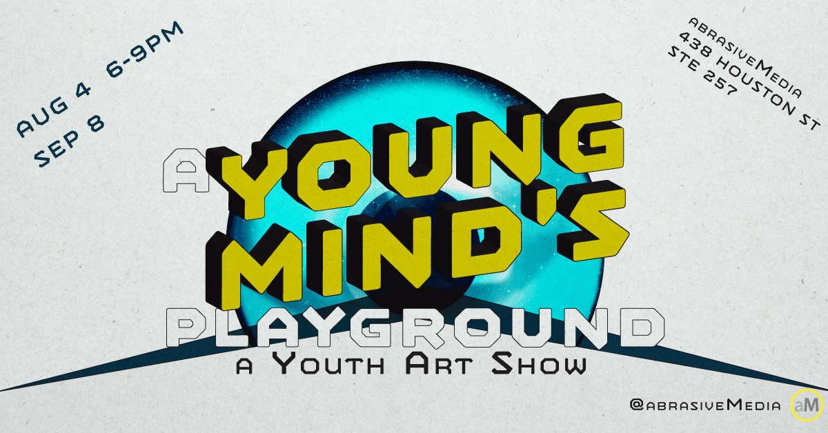 Logo for A Young Mind's Playground -- yellow block text in front of a blue iris.