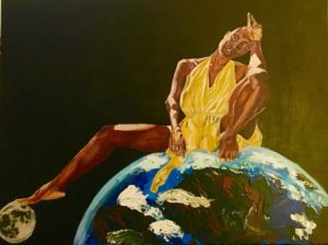 Painting of a black woman in a yellow halter dress, presented as a goddess, seated on the Earth which is pictured in space.