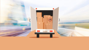 Illustration of a moving truck packed with boxes heading into the unknown
